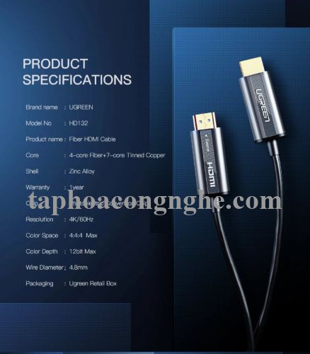 Ugreen 50217 30M màu Đen Cáp tín hiệu HDMI chuẩn 2.0 sợi quang cao cấp HD132 30050217